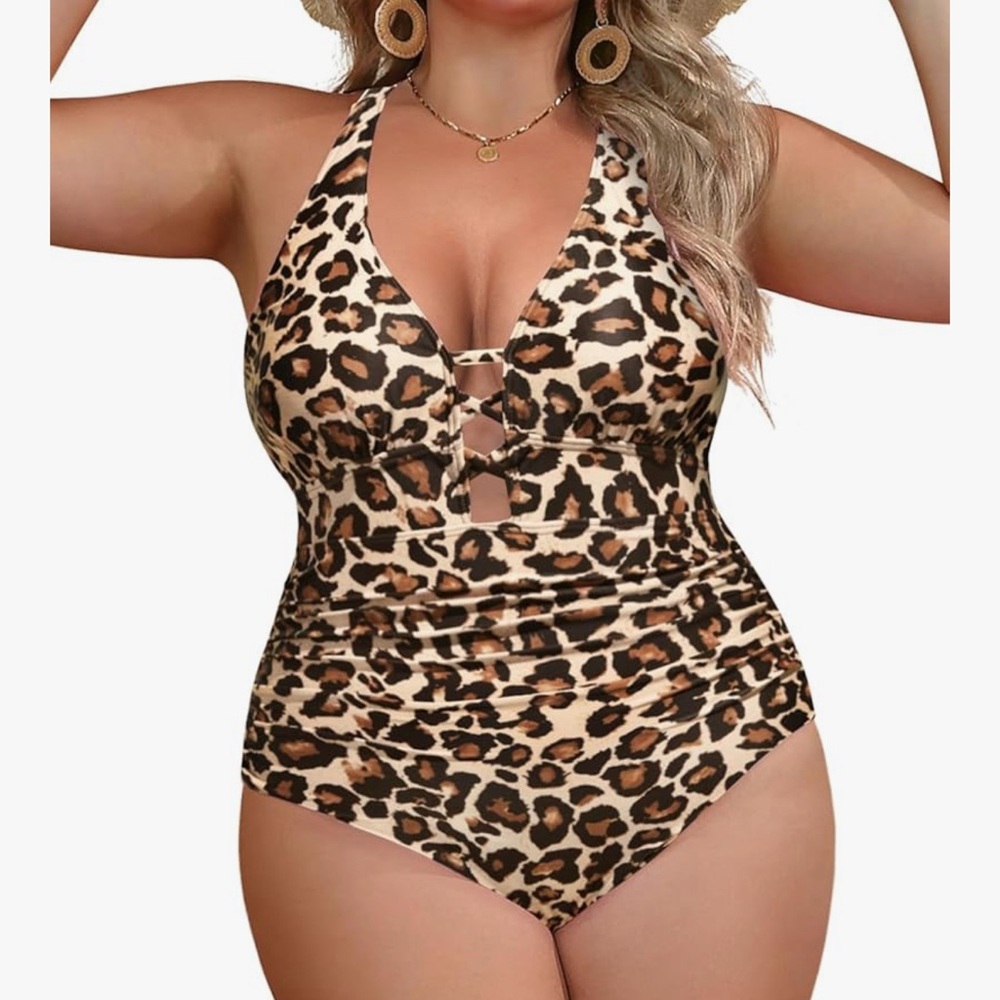 Leopard Print plus size 18w One Piece Swimsuit criss cross back adjustable nwot - Picture 2 of 12